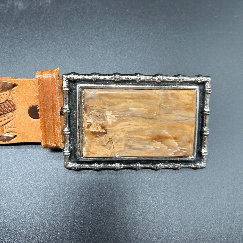 VTG Burton Mens Belt 34 Tooled Brown Leather Cowboy Western Square Stone Buckle - Picture 8 of 8